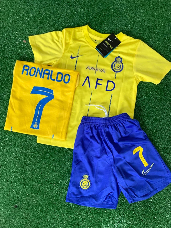 Kit Infantil Al Nassr Amarelo Ronaldo  – Versão Tailandesa Premium (Camisa + Short) Raccoonstore